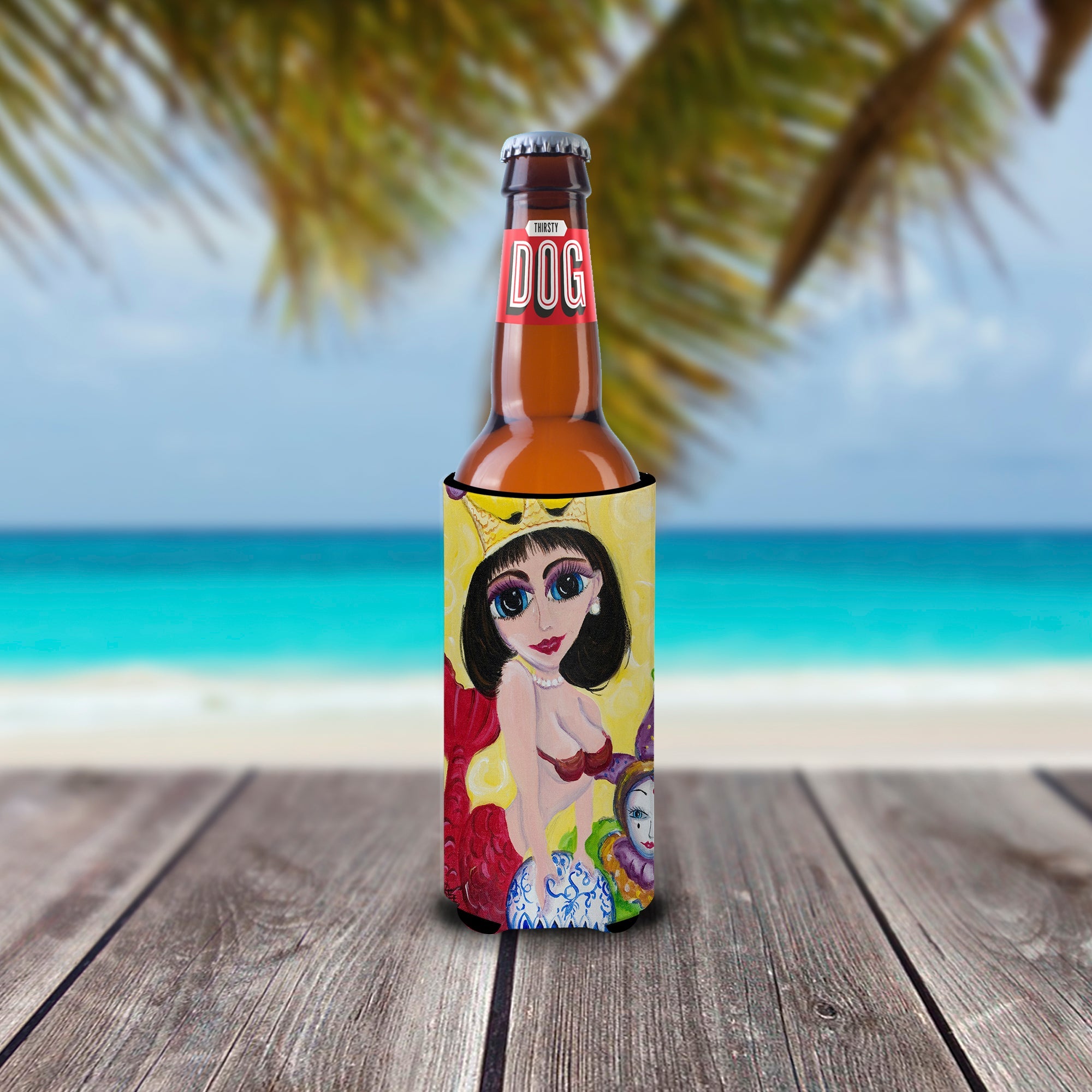 Mardi Gras Queen Mermaid Slim Can Hugger , Insulated Foam Hugger for 12 oz Slim Cans, Beer Bottles & Water Bottles, Printed in USA