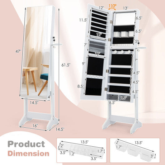 Freestanding Jewelry Cabinet with Full Length HD Mirror-White