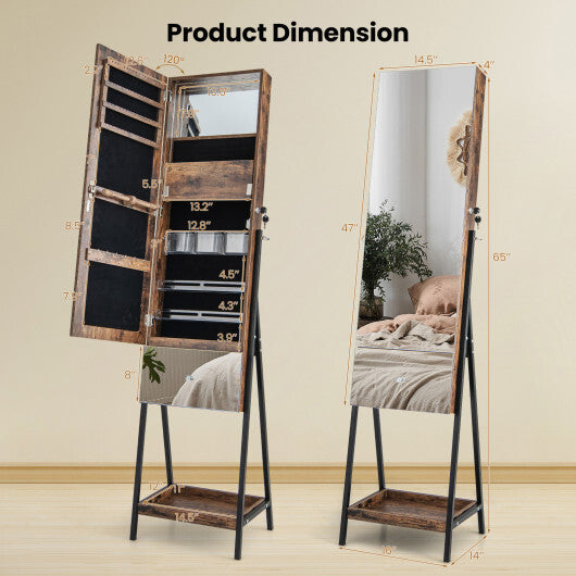 Lockable Freestanding Jewelry Organizer with Full-Length Frameless Mirror-White