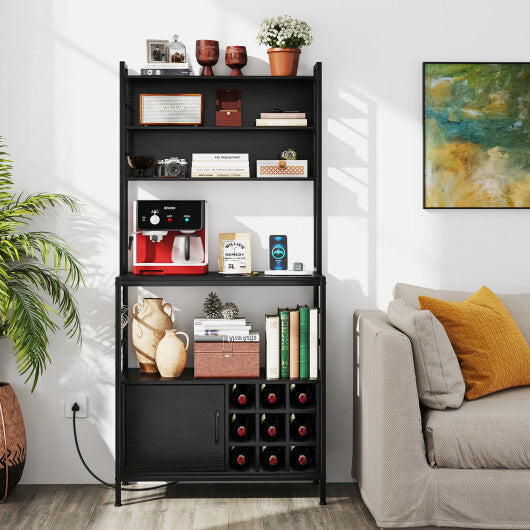 Coffee Bar Cabinet with S-Shaped Hooks and Wine Bottle Holders-Rustic Brown