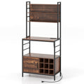 Coffee Bar Cabinet with S-Shaped Hooks and Wine Bottle Holders-Rustic Brown