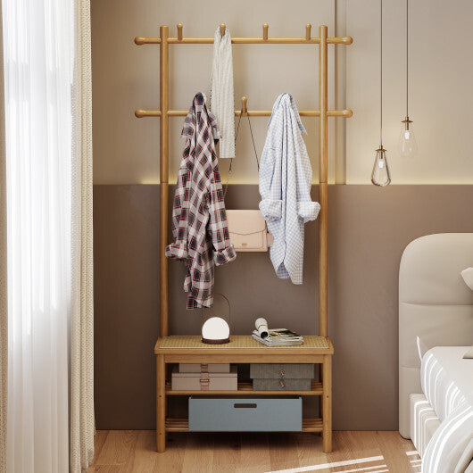 Bamboo Coat Rack PE Rattan Hall Tree with Bench and Shoe Storage 3-In-1 Entryway Bench-Brown