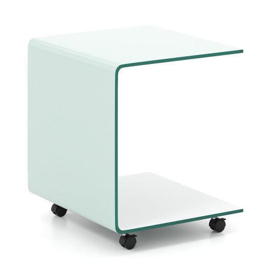 C-Shaped End Table Modern Tempered Glass Side Table with Shelf-White