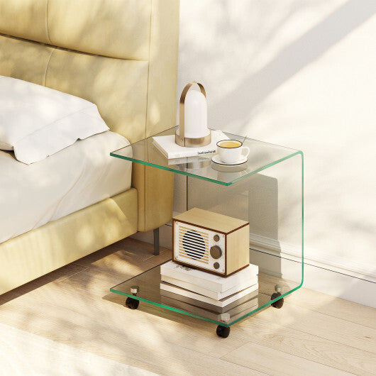 C-Shaped End Table Modern Tempered Glass Side Table with Shelf-White
