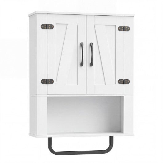 Bathroom Wall Cabinet with 2 Barn Doors and Towel Bar and 3-Tier Wooden Storage-White