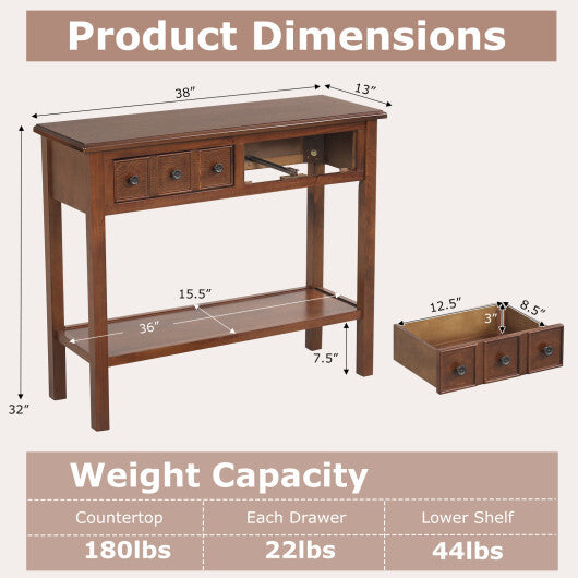 38 Inch Rustic Console Table with 2 Drawers and Bottom Open Shelf-Espresso