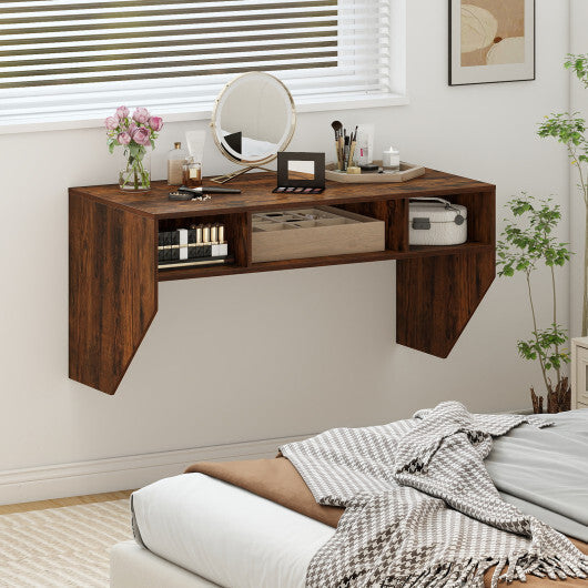 Wall-Mounted Computer Desk Floating Laptop Desk with 3 Storage Compartments-Black
