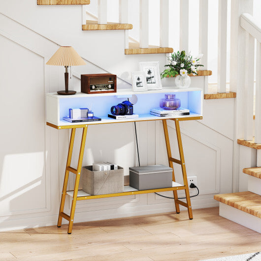 40" Console Table with Charging Station and LED Lights-Rustic Brown