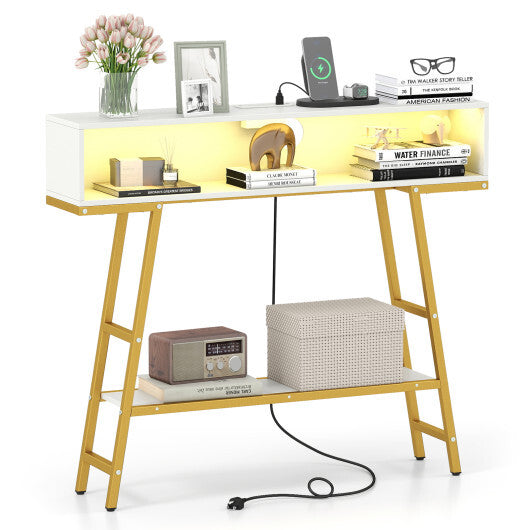 40" Console Table with Charging Station and LED Lights-Rustic Brown