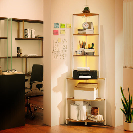 65 Inch 6-Tier Corner Shelf with Charging Station and Ambience Light-Natural