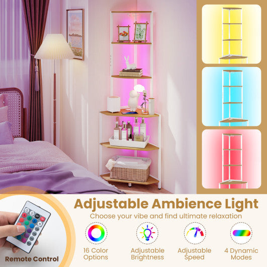 65 Inch 6-Tier Corner Shelf with Charging Station and Ambience Light-Natural