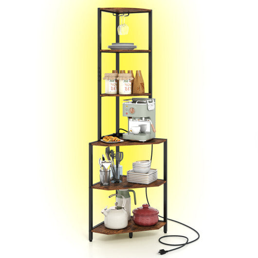 65 Inch 6-Tier Corner Shelf with Charging Station and Ambience Light-Natural