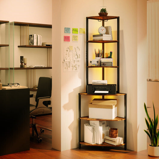 65 Inch 6-Tier Corner Shelf with Charging Station and Ambience Light-Natural