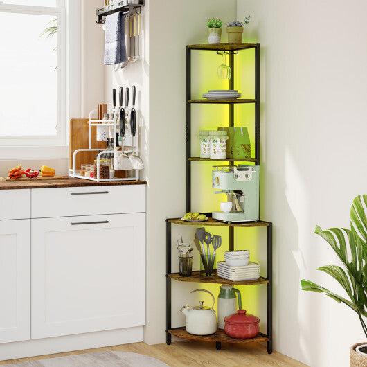 65 Inch 6-Tier Corner Shelf with Charging Station and Ambience Light-Natural