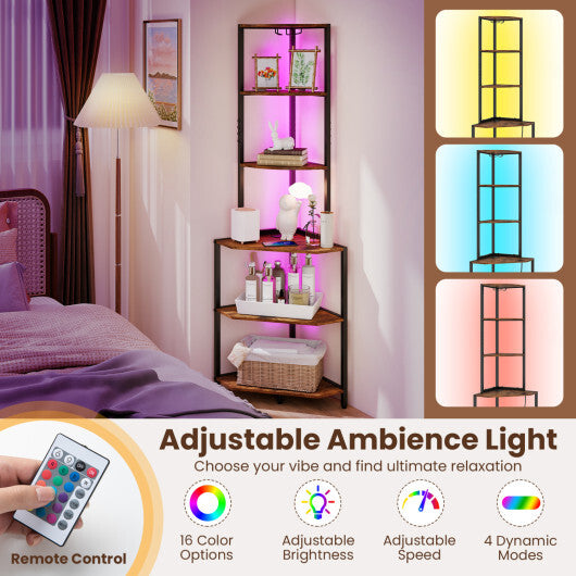 65 Inch 6-Tier Corner Shelf with Charging Station and Ambience Light-Natural