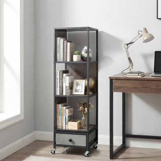 4-Tier Rotating Bookshelf on Wheels with Removable Drawer-White