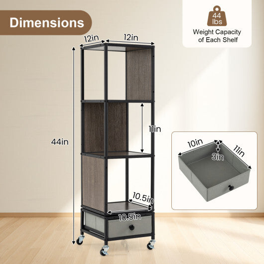 4-Tier Rotating Bookshelf on Wheels with Removable Drawer-White