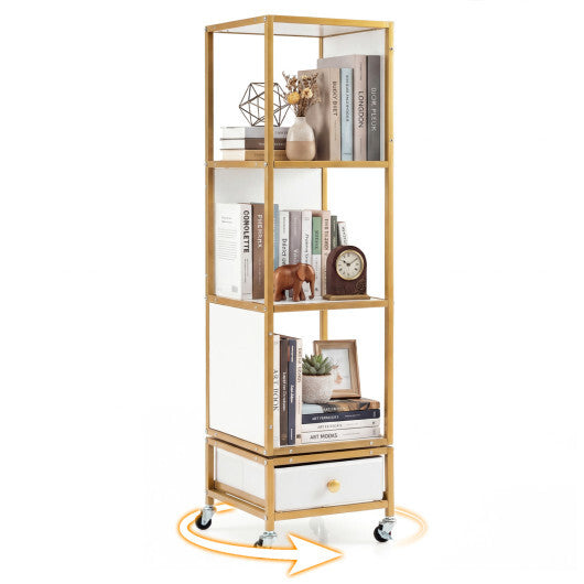 4-Tier Rotating Bookshelf on Wheels with Removable Drawer-White