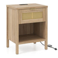 Rattan Nightstand with Charging Station and Storage Shelf for Bedroom-Oak