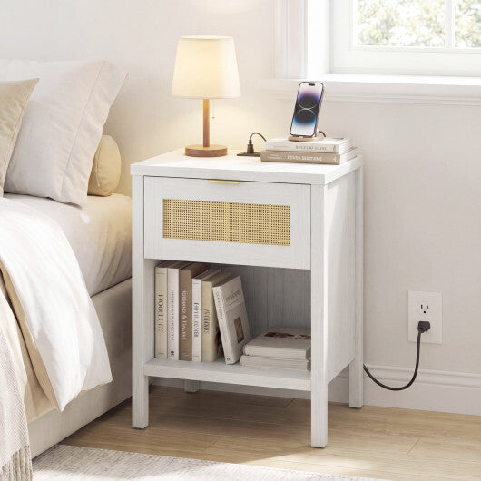 Rattan Nightstand with Charging Station and Storage Shelf for Bedroom-Oak
