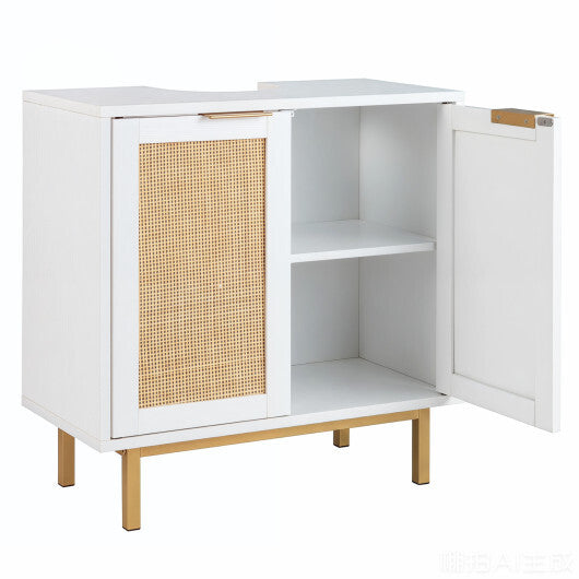 Bathroom Vanity Cabinet with U-Shaped Cut-Out 2 Rattan Doors and Shelf-Brown