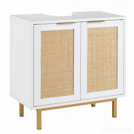 Bathroom Vanity Cabinet with U-Shaped Cut-Out 2 Rattan Doors and Shelf-Brown
