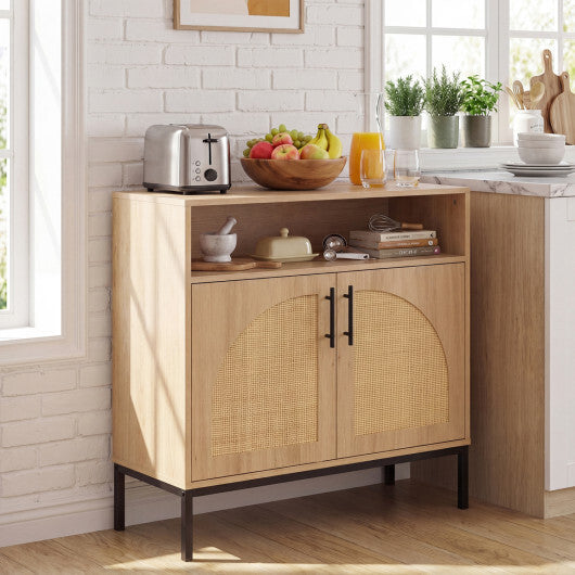 32" Sideboard Buffet Cabinet with 2 Natural Rattan Decorated Doors and Adjustable Shelf-Natural