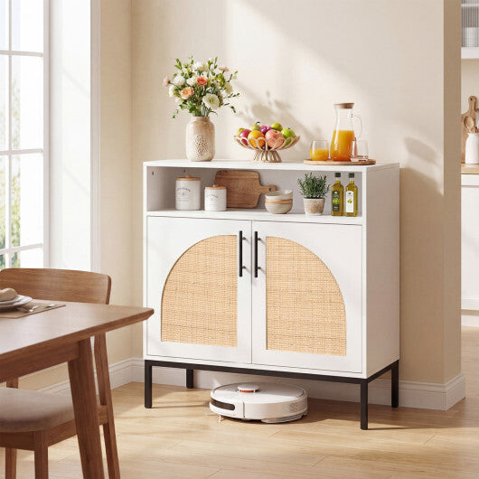 32" Sideboard Buffet Cabinet with 2 Natural Rattan Decorated Doors and Adjustable Shelf-Natural