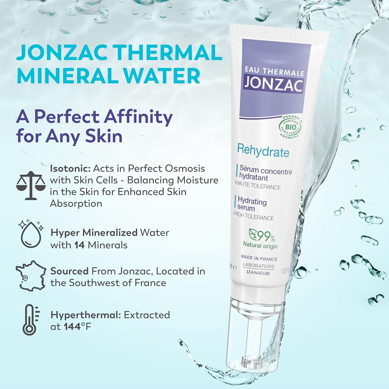 Eau Thermale Jonzac, Organic Hydrating Serum, 1.01 fl oz, Pack of 6, Hyaluronic Acid