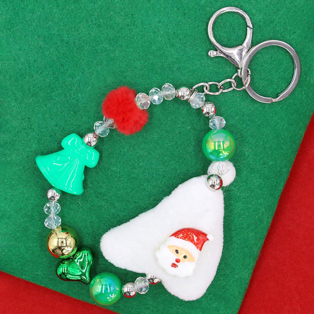 Snowman Plush Doll Pointed Charm Beaded Stretch Christmas Keychain