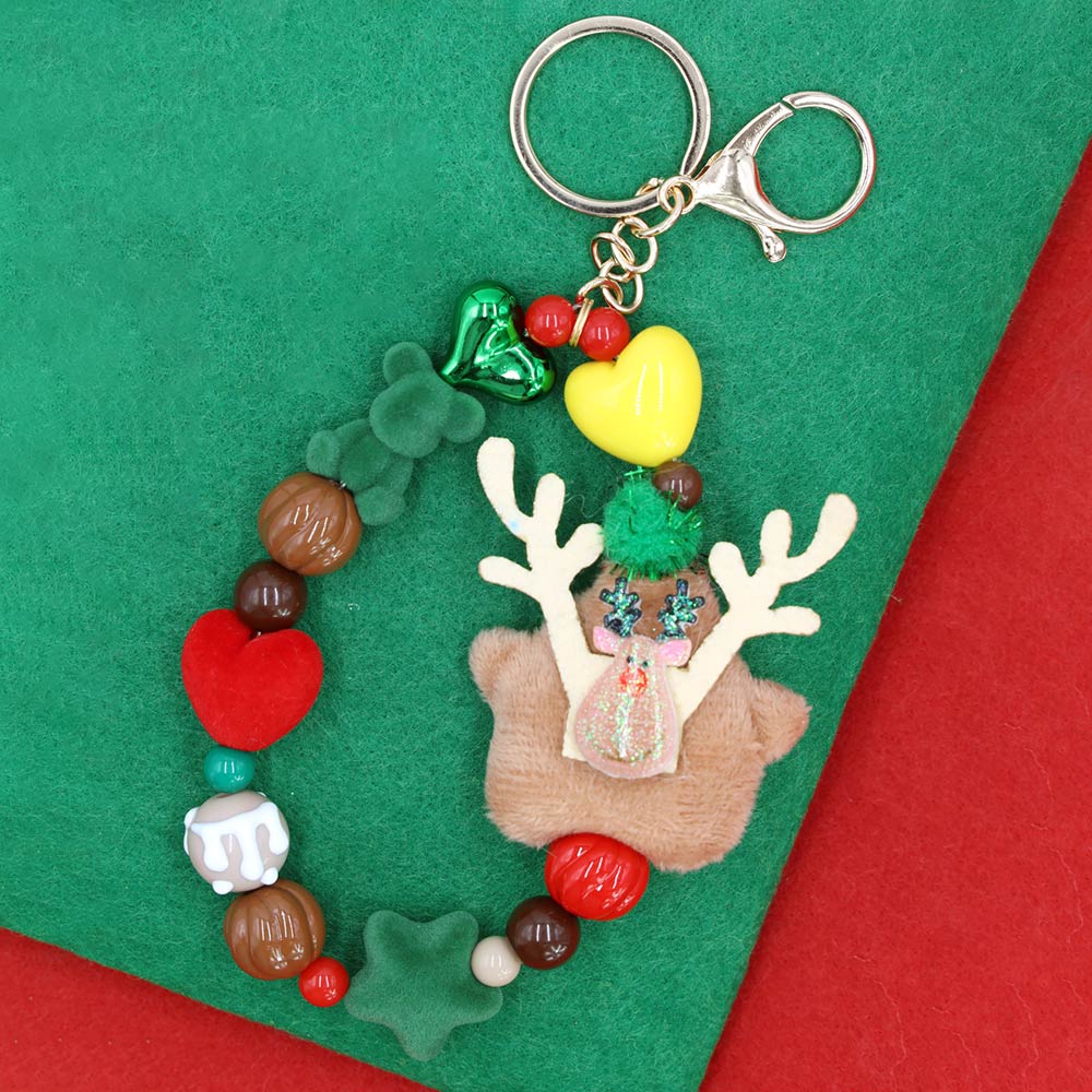 Rudolph Plush Doll Pointed Charm Beaded Stretch Christmas Keychain