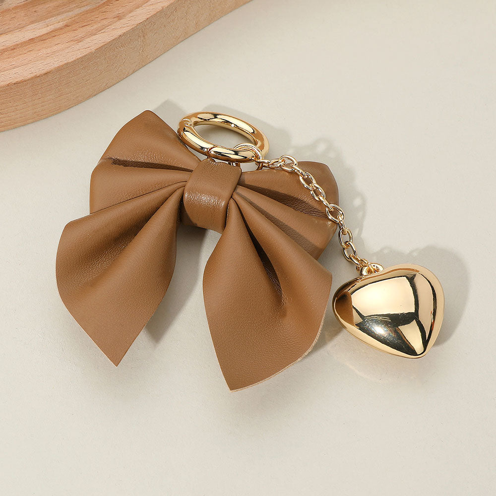 Faux Leather Bow Metal Heart Drop Keychain Bag Charm