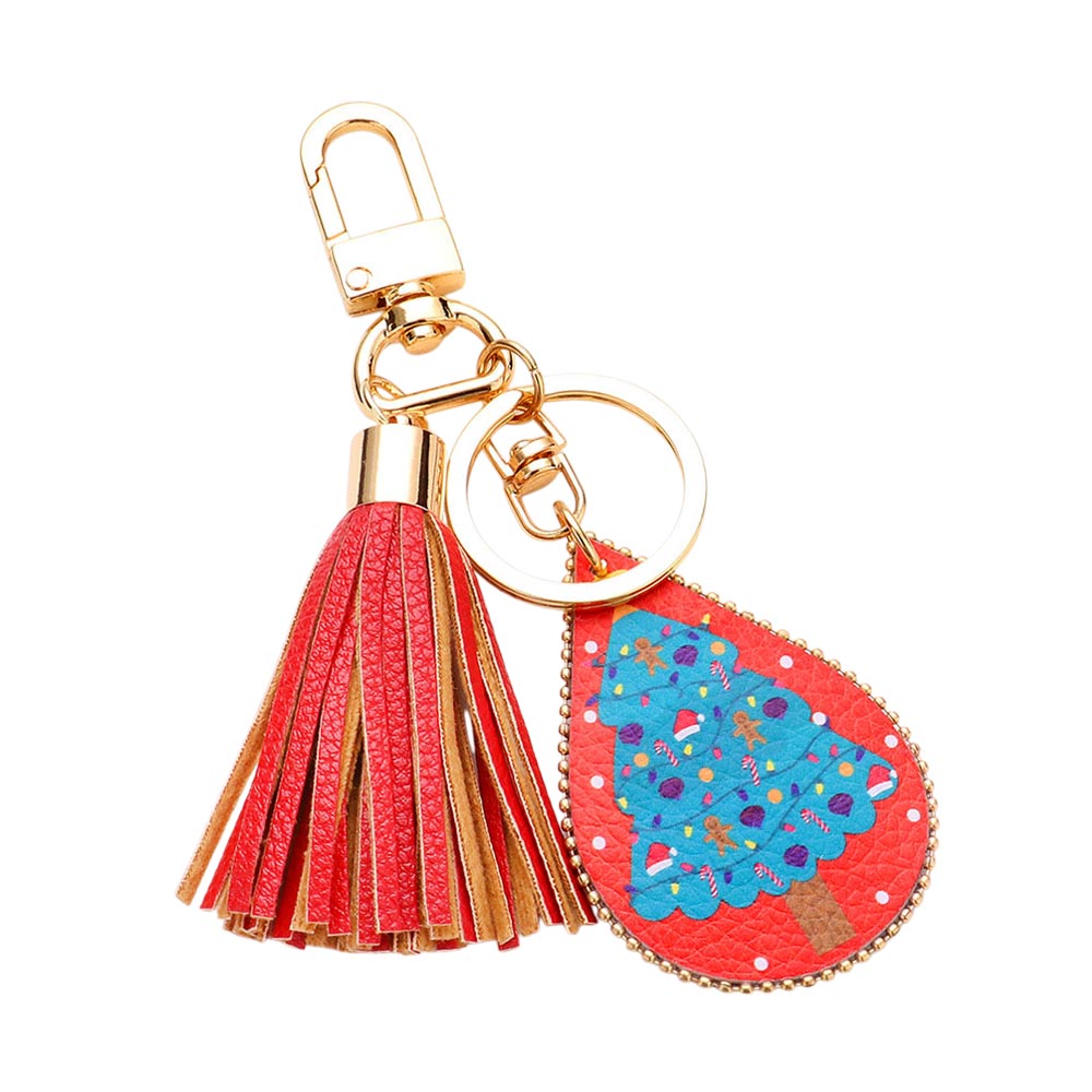 Christmas Tree Print Faux Leather Teardrop Tassel Keychain / Bag Charm