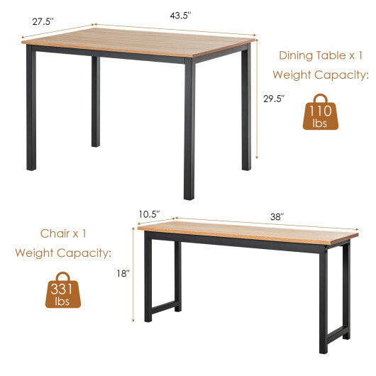 3 Pieces Dining Table Set with 2 Benches for Dining Room Kitchen Bar-Brown