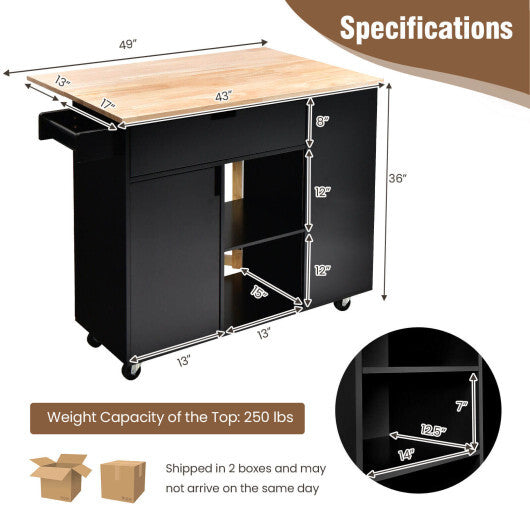 Drop-Leaf Kitchen Island with Rubber Wood Top-White