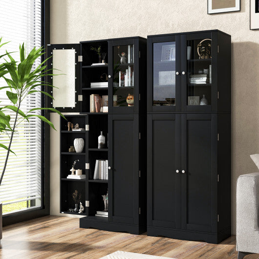 Tall Kitchen Pantry Cabinet with Dual Tempered Glass Doors and Shelves-Black