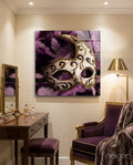 Ivory Swirl Mask on Purple Feathers Glass Wall Art