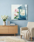 Blue Lantern With Pink Roses Glass Wall Art