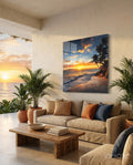 Orange Sunset Cove Palm Trees Glass Wall Art