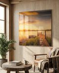 Rowboat and Reeds Dock Glass Wall Art