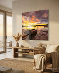 Wooden Rowboat Fiery Lake Sunset Glass Wall Art