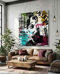 Colorful Magazine Collage Sunglasses Woman Glass Wall Art