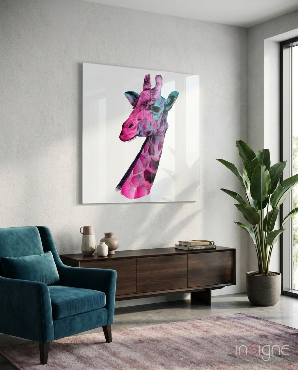 Pink Teal Giraffe Profile Glass Wall Art