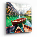 Wooden Rowboats Emerald Alpine Lake Glass Wall Art