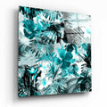 Turquoise Hibiscus Jungle Tropical Leaves Glass Wall Art