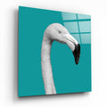 White Flamingo Head Teal Square Glass Wall Art