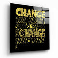 Yellow Change Your Thoughts Lettering Glass Wall Art