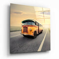 Vintage Orange Bus On Sunset Road Glass Wall Art