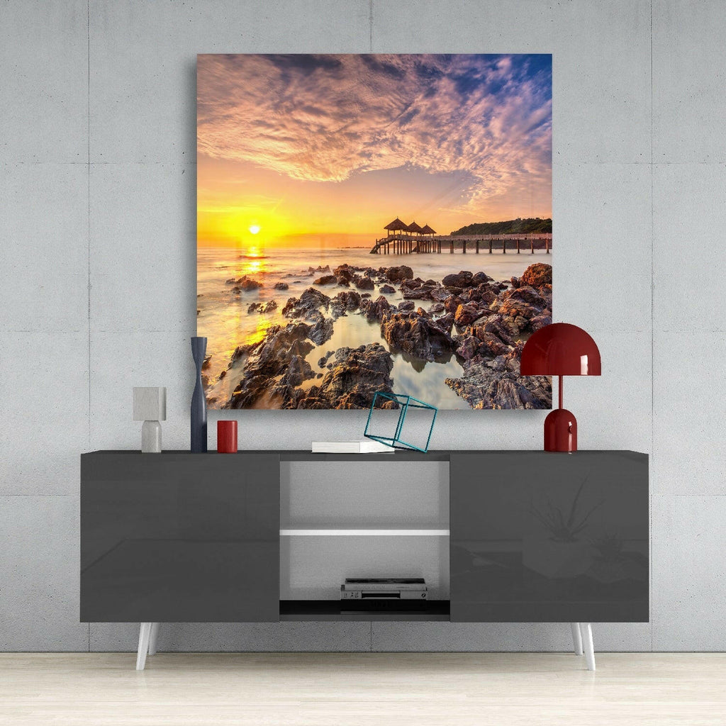 Wooden Pier Pavilion Rocky Sunrise Glass Wall Art