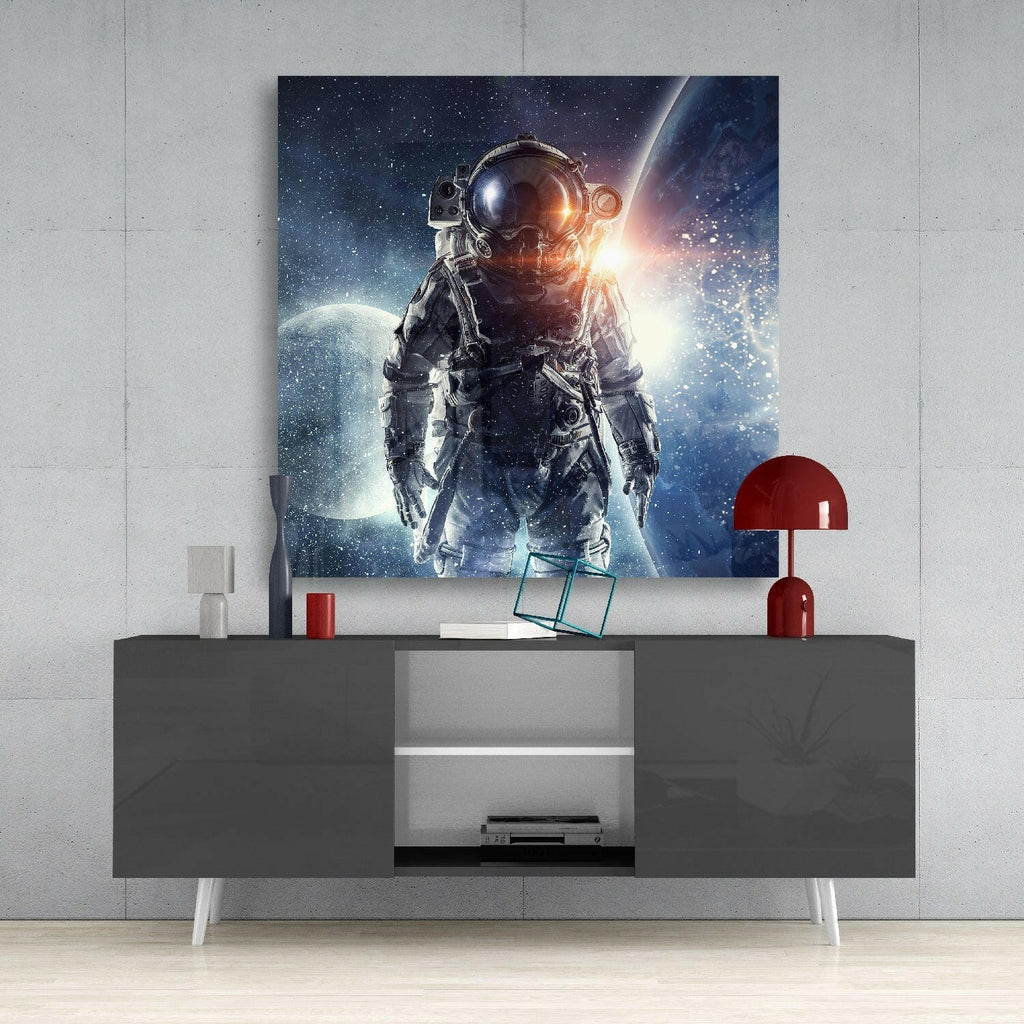 Moonlit Lens Flare Astronaut Glass Wall Art